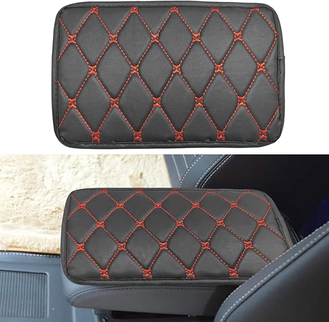 Leather Center Console Cover for Cars, Waterproof Arm Rest Box Protective Cover Car Center Console Cushion Pad, Universal Middle Console Armrest Pad Cover for Most Vehicles (Black/Red)