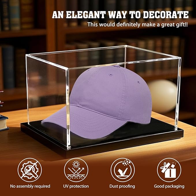 Hat Display Case, Clear Acrylic Baseball Cap Display Stand, UV Protection Hat Case Showcase with Hat Shaper for Collectors and Signed Memorabilia, No Assembly Required