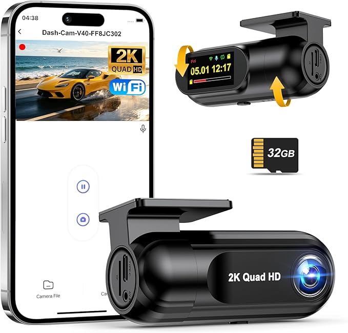 PENEMAY Dash Cam 2K Car Camera, Mini WiFi Dashcam with 32GB SD Card Dash Cam Front, Enhanced Night Vision Dashcams for Car, App Controlled Dash Camera with 24H Parking Mode, G-Sensor, Loop Recording
