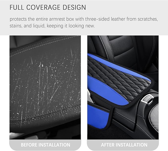 IHOTDER Patchwork Leather Center Console Covers for Cars,Upgraded Arm Rest Cover for Car with Side Storage Pocket for Car Seat Organizer,Middle Console Cover Stylish Car Decoration (Blue)
