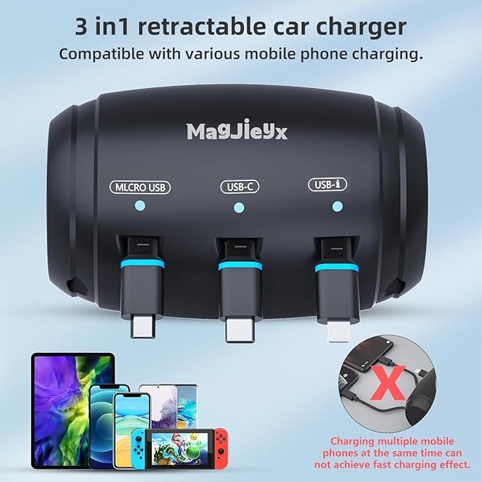 MAGJIEYX for Retractable Car Charging Station Box, 3 in 1 Headrest Fast Power Charging Dock Cord USB Type C Fits iPhone 17/16/15/14/iPad/Android/Samsung|Uber Lyft Backseat Passengers Share Rid