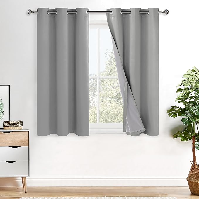 XWZO 100% Blackout Window Curtains - Thermal Insulated & Completely Room Darkening Black Liner Window Treatment with Tiebacks for Bedroom/Living Room, Light Grey, W38 x L54, Set of 2 Panels