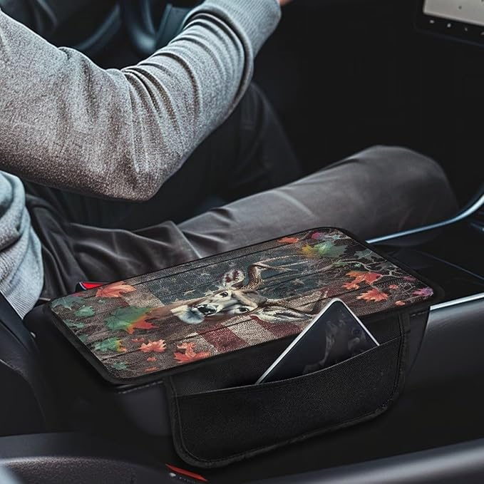 Deer Flag Leaf Print Car Center Console Cover Soft Armrest Seat Box Cover Protector Wear-Resistan Vehicle Armrest Cover Pad Car Armrest Cover Cushion with 2 Storage Bags