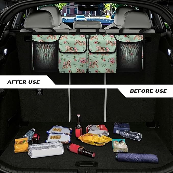 Sea Turtle Flower Car Trunk Organizer, Backseat Hanging Large Storage with Adjustable Straps & 4 Pockets, Waterproof Cargo Bag, Car Interior Accessories