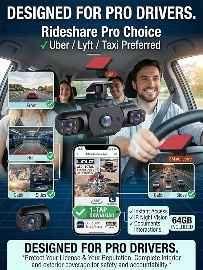 2026 New Full View Wireless Car Dashcam System,4k 4-Channel 360° Panoramic Dash Camera WiFi 6 Driving Recorder,Infrared Night Vision,24/7 Parking Monitor,G-Sensor,Motion Detection(64g)