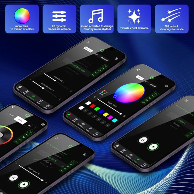 AMKI Updated 4Color Meteor Twinkle 36w Starlight Headliner Kits 2000pcs 0.03in 13.1ft, 240pcs RGB Meteor Shooting Star Cable, 2 in 1 Fiber Optic Light Box RGBW Sound Activated Mode for Car& Home Decor
