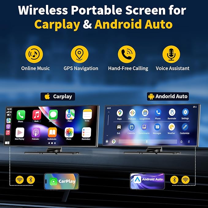 11.5" Largest Wireless Carplay HD Screen for Carplay & Android Auto Car Stereo with 4K Dash Cam 1080P Backup Camera, GPS Navigation/Bluetooth/Mirror Link/Voice Control/AUX/FM/Siri