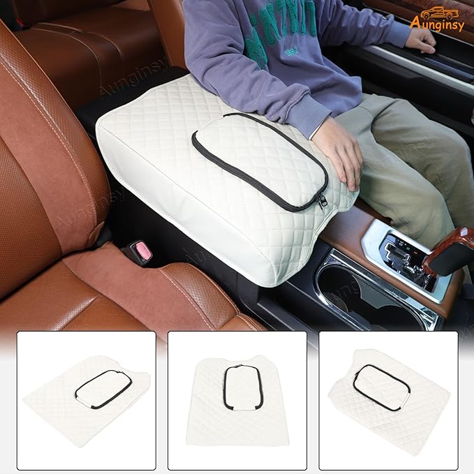 Aunginsy Leather Center Console Armrest Cover Compatible with Toyota Tundra 2014-2021, Car Middle Console Cushion Lid Pad Protector, Waterproof Armrest Seat Box Cover with Storage Bag Accessories