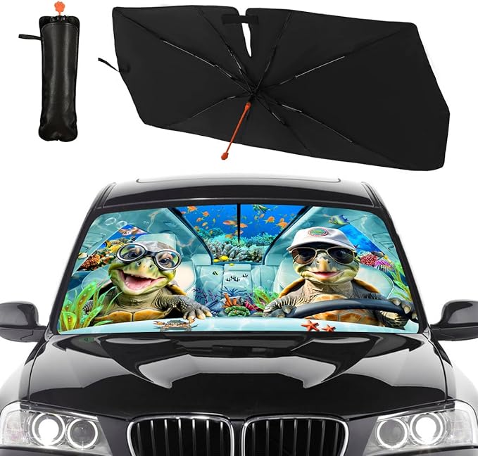 CHILL·TEK Funny Animal Car Windshield Sun Shade Umbrella, Funny Turtles Car Sun Shade Umbrella, Block UV Rays Heat Foldable Windshield Umbrella Sun Visor Protector - Keep Vehicle Cool for Cars SUV