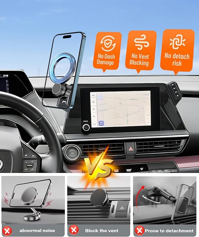 Magnetic Car Phone Mount for 2023 2024 2025 2026 Toyota Prius Accessories, for MagSafe Strong Magnets Cell Phone Holder 8-Inch Screen Cradles, with Portable Phone Gripper 360° Rotation