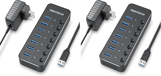 USB 3.0 Hub, RSHTECH 7 Port Powered USB Hub Expander Aluminum USB 3.0 Data Port hub with Universal 5V AC Adapter and Individual On/Off Switches USB Splitter for Laptop and PC(Black) (Pack of 2)