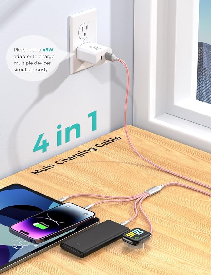 Amasuki Travel Essentials,4 in 1 for Apple Watch Charger/iPhone Charger/Multi Charging Cable,Vacation RV Camping Essentials,USB C/L/Micro Portable Charger for iWatch 11-1/iPhone 17-12,Car&Gift-Pink