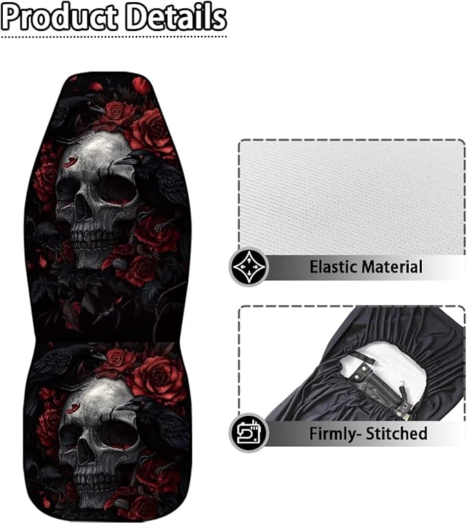 ELEQIN Gothic Raven Skull Car Seat Covers Two Front Only for Car, Automotive Interior Covers, Quick Setup Universal Fit Seat Covers for Car, Truck, SUV