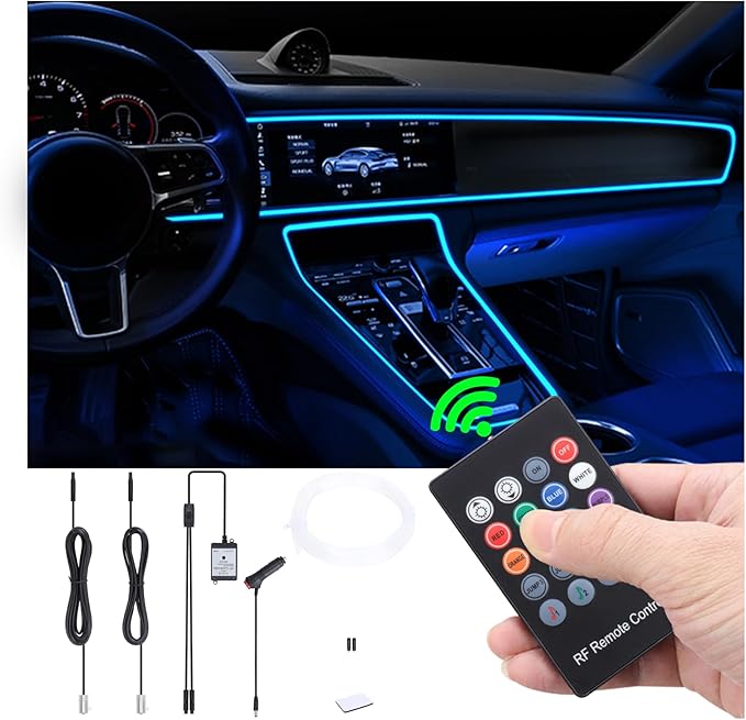 Car Ambient Lighting Optic Fiber 8 Colors Music Sound Active with RF Remote Control Car Decorative Atmosphere Lighting Kit DC 12V 1W 3m