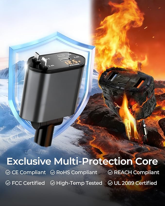 2026 MimAuto 4 in 1 Retractable Car Charger, Car Charger USB C Fast Charger, Car Phone Charger for iPhone 17/16/15/14/13, Samsungs, Tablets, Dash cams, Switch, Gray Car Accessories for Men Women
