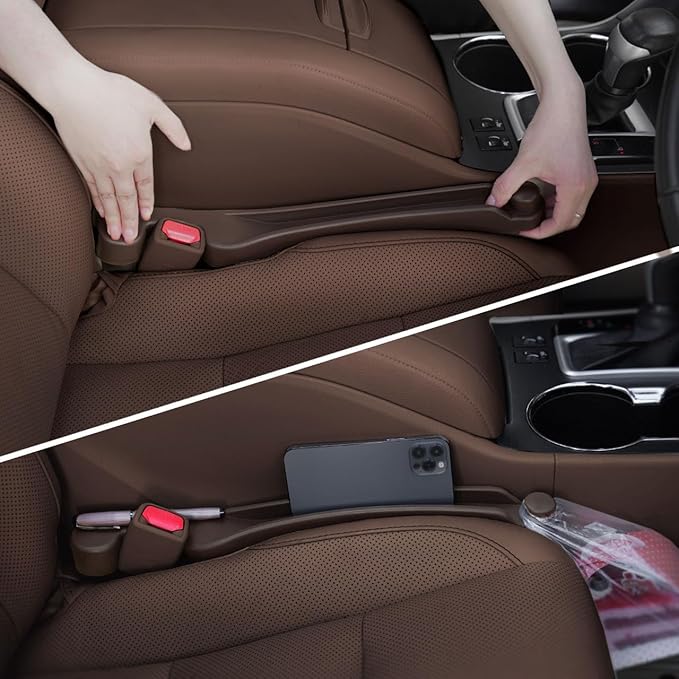 Car Seat Gap Filler Set of 2, 3IN1 Seat Side Gap Filler Plug with Storage Slot & Hook Function, Soft Foam Universal Fit Car SUV Truck Fill Gap Between Seats Console Organizer（Narrow Deep Brown）