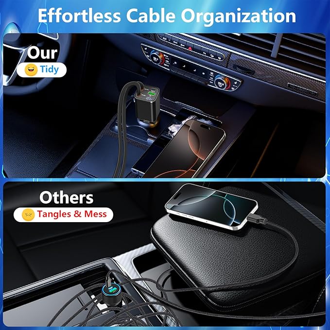 [Apple MFi Certified] Retractable Car Charger USB C, Rombica 120W USB C Car Charger 4 in 1 PD/QC Type C Fast Charging Cigarette Lighter Adapter for iPhone 17/17 Pro/16/15/14/13/12/Galaxy S26/S25/Pixel