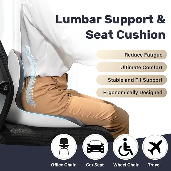 Coverado [Upgraded] Car Seat Cushion and Lumbar Support Pillow One Piece, Memory Foam Ergonomic Back Support Driving Seat Cushion for Back Pain, Non-Slip Washable Cushion for Car, Driver, Office