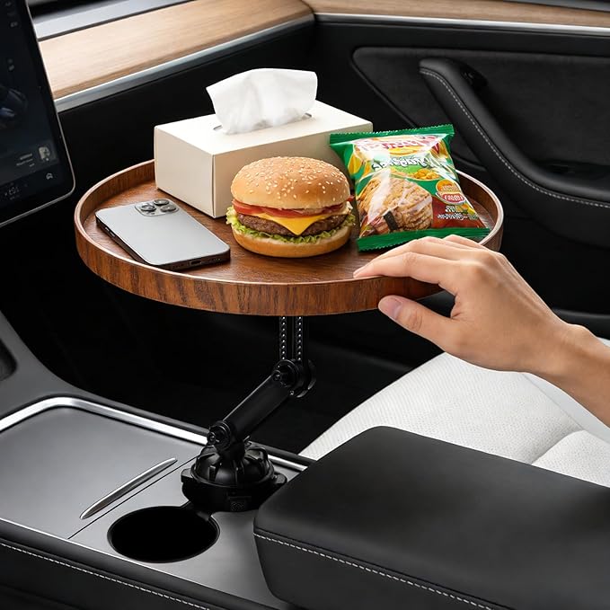 Car Food Cup Holder Tray - 360° Rotating Car Table and Car Seat Tray, Detachable Wooden Car Desk for Laptop and Food Tray, Compatible with Tesla Model Y/3/S, Ford F150/Explorer (Brown, 9.45")