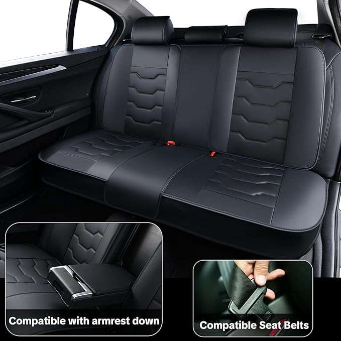 Universal Car Seat Covers, Black, Waterproof Synthetic Leather, Full Set, Non-Slip, Contoured Fit, Fits Most Vehicles, Upgraded Protection for Car Interiors, Airbag Compatible