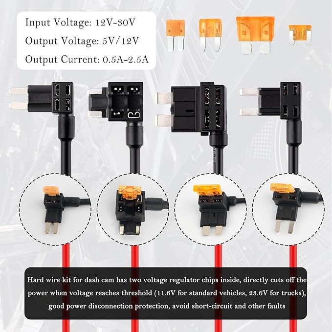 9.68Ft Type C Dash Cam Hardwire Kit 12-30V to 5V,Hardwire Kit for Dash Camera Includes 5A Blade Fuse/Fuse Tap/Power Cable/Tool,Dashcam Hardwires Kits USB C with Low Voltage Protection