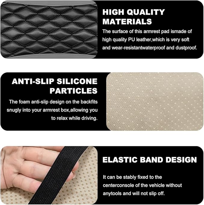 Car Center Console Cushion Pad, 12.6 × 7.48 Inches Waterproof Car Armrest Seat Box Cover, PU Leather Armrest Cover Protector for Most Vehicle, Universal Car Interior Accessories (Black+Gray)