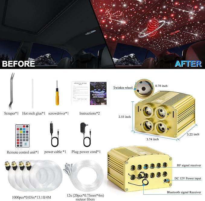 Car Starlight Headliner Kit, 4 Colors 32W Twinkle & Meteor Fiber Optic Shooting Stars Lights, 2 in 1 Light Engine 1200pcs*0.03in*13.1ft+240 RGBW 4 Port Ceiling Starlights for Car Home Roof Décor