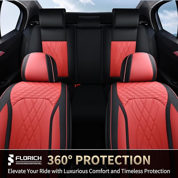 FLORICH Universal Seat Cover Full Set Leather Seat Covers 5 Seats Waterproof Seat Protector Car Seat Cushion Driver Seat Cover Universal Fit for Most Car Truck SUV, Black&Red