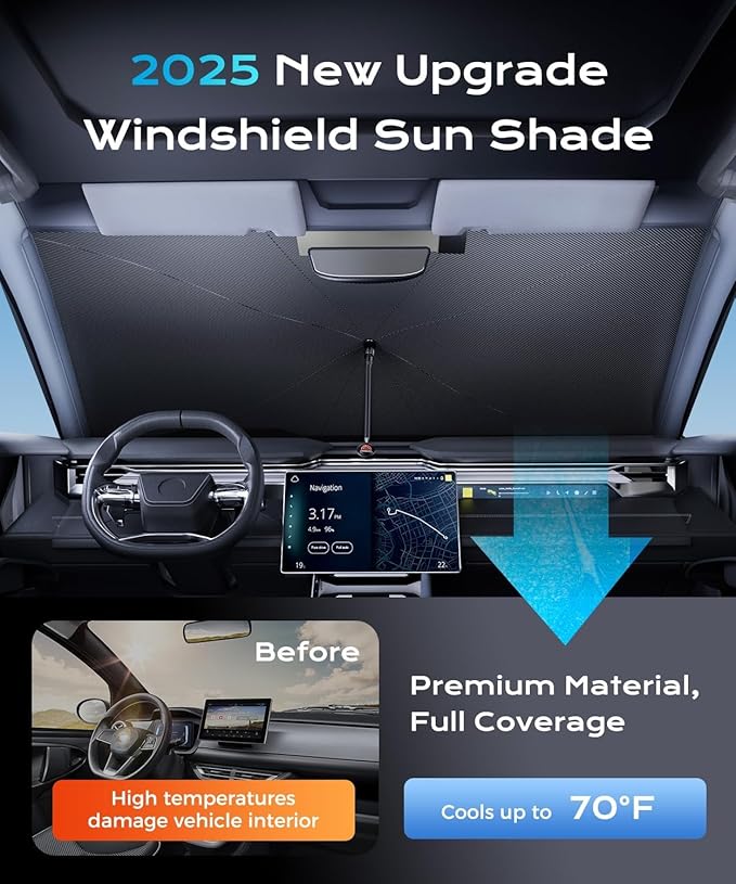 [2025 Upgrade]Coverado Sunshade for Car Windshield, UPF80+ Full-size Trucks/SUVs Windshield Sun Shade Blocks Heat & UV Rays, Thickened Vinyl Coating Keep Cool and Protect Interior, Foldable L 61”x34”