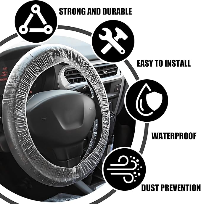 100PCS Disposable Steering Wheel Cover, Plastic Transparent Car Steering Wheel Covers with Elastic Trims, Universal Steering Wheel Protector, Interior Car Accessories