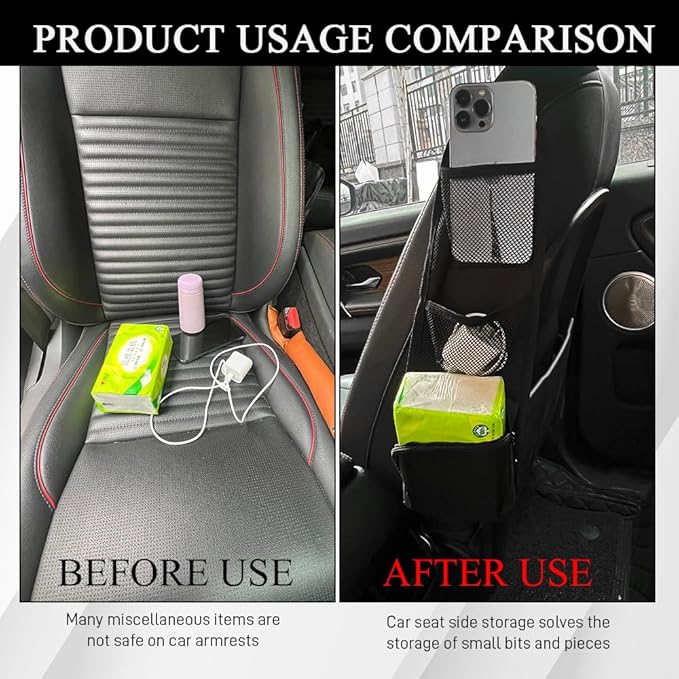 2PCS Car Seat Side Organizer, Seat Side Storage Pocket, Multifunctional Mesh Net Pocket, Car Multi-Pockets Backseat Organizer Side Hanging Bag for Storage Coins, Cell Phones (Black, 2PCS)
