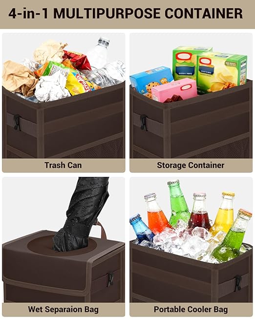 Capolo Car Trash Can with Lid, Leakproof Car Trash Bag Hanging Waterproof Automotive Garbage Can with Storage Pockets Mini Vehicle Trash Bin for Back/Front Seat(Brown,3 Gallon)