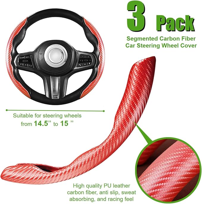 WSSROGY 3 Pack Anti-Skid Segmented Carbon Fiber Car Steering Wheel Cover Protector Universal for Most Car Wheel (Red)