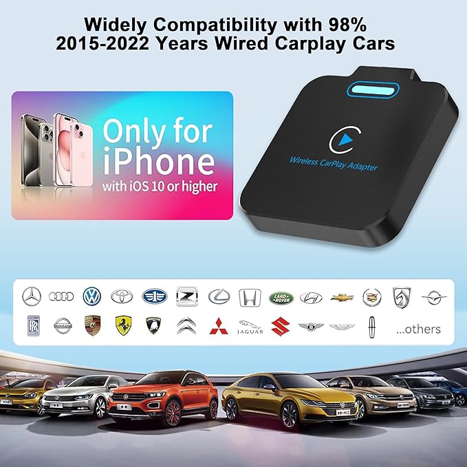 Wireless CarPlay Adapter for Apple - Convert Wired to Wireless, Plug & Play Dongle for iPhone & Factory Wired Cars - Fit Cars from 2016 and iOS 10+