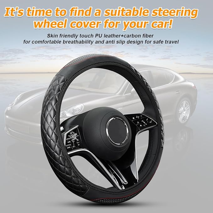 Car Steering Wheel Cover, 14.96" Leather Anti-Slip Vehicle Steering Wheel Protector with Fish Scale Graphic Grip, Automobile Interior Protection, Universal for Sedan Truck SUV (Black)