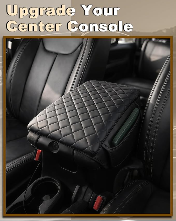 Armrest Cover for Jeep Wrangler JK Center Console Pad with Organizer Storage Pockets, Black Faux Leather Arm Rest Lid Cushion Accessories (2011-2017 Wrangler JK)