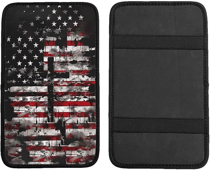 American Flag Center Console Cover Patriot Star Stripe Cross Polyester Arm Rest Covers Armrest Pad Cushion Car Accessories Fit for Most Cars Sedans Vans Truck Vehicles, SUVs