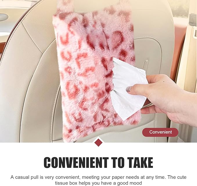 Leopard Print Car Tissue Bag, Cute Plush Hanging Tissue Holder, Multi-Functional Car Backseat Hanging Storage Bag, Universal for Small-Size Tissues (Pink)