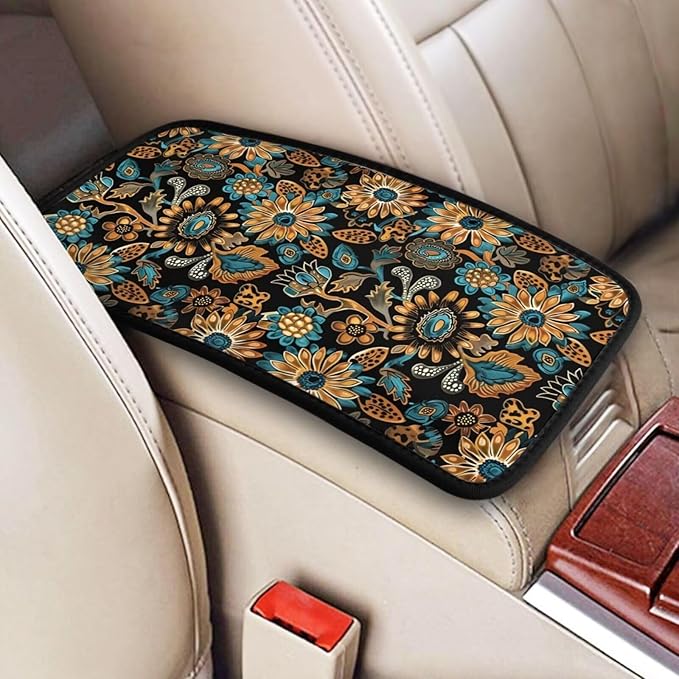 Center Console Cover Boho Flower Scratch Resistance Armrest Cover Protect Pad Car Accessories Hippie Sunflower Armrest Cushion Pad Seat Box Cover Protector
