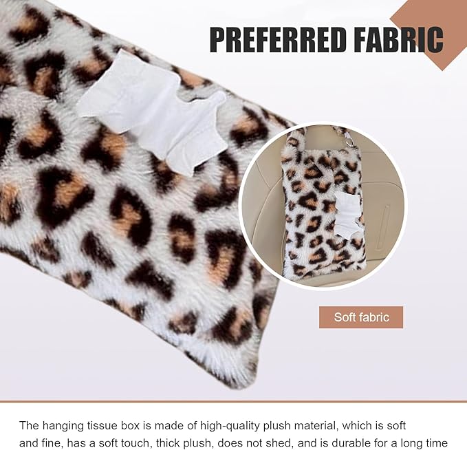 Leopard Print Car Tissue Bag, Cute Plush Hanging Tissue Holder, Multi-Functional Car Backseat Hanging Storage Bag, Universal for Small-Size Tissues (Gray)