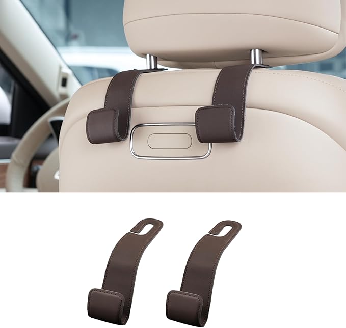 Purse Holder for Car, 2 Pack Upgraded Car Seat Hooks for Hanging Purse and Bag, Leather Headrest Hooks for Car Back Seat, Car Organization Accessories (Brown)