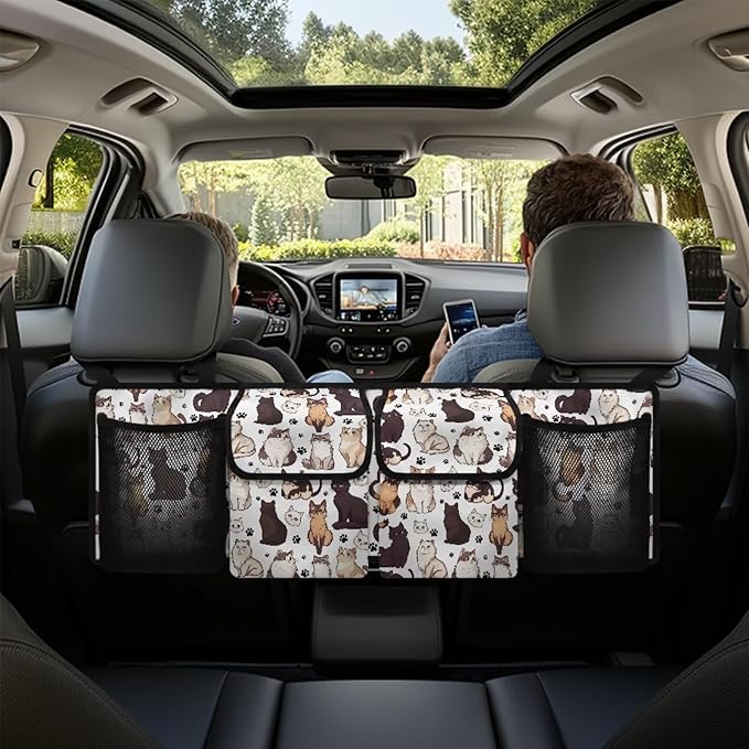 Car Trunk Organizer Cute Cat Back Seat Car Organizer Equipped with Robust Elastic Net, Hanging Trunk Storage Organizer with Lids, Space Saving Expert