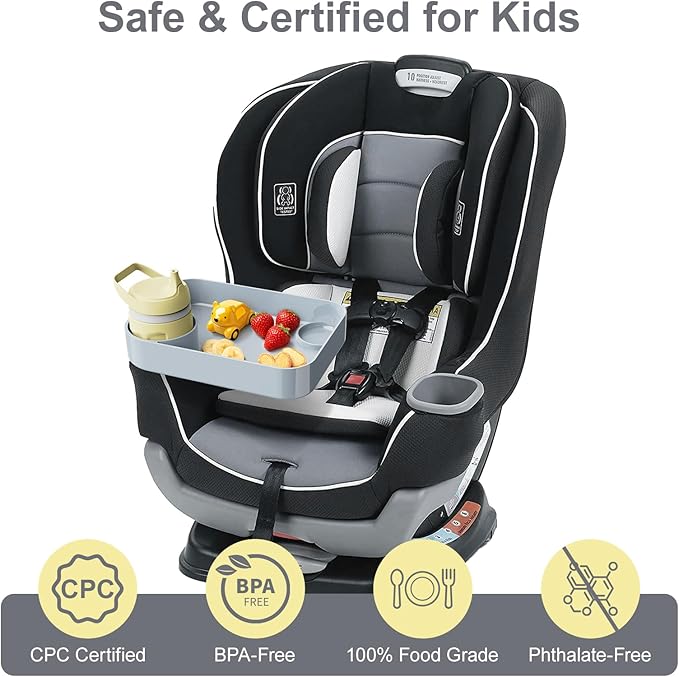 Car Seat Snack Tray for Toddlers - 3 Inch Cup Holder Fits Most Sippy Cups & Straw Bottles with Dip Well, Mess-Free Square Kids Travel Tray Road Trip Essentials, Grey