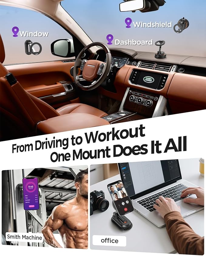 IPOW 3 in1 Dual Included Bases Car Phone Holder, Detachable Magnetic Car Phone Mount Compatible with iPhone 17 16 15 Pro Max, Compatible with MagSafe for Dashboard, Gym, Windshield, Office, Home