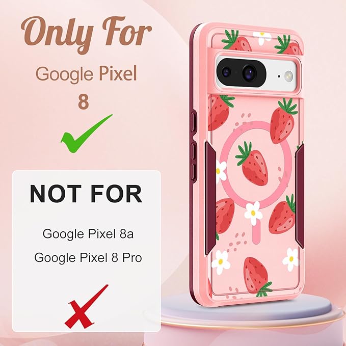 for Google Pixel 8 Case 6.2 Inch - Compatible with MagSafe Women Girls Cute Magnetic Protective Cover Girly Kawaii Strawberry Heavy Duty Shockproof Design for Google Pixel 8 Phone Cases