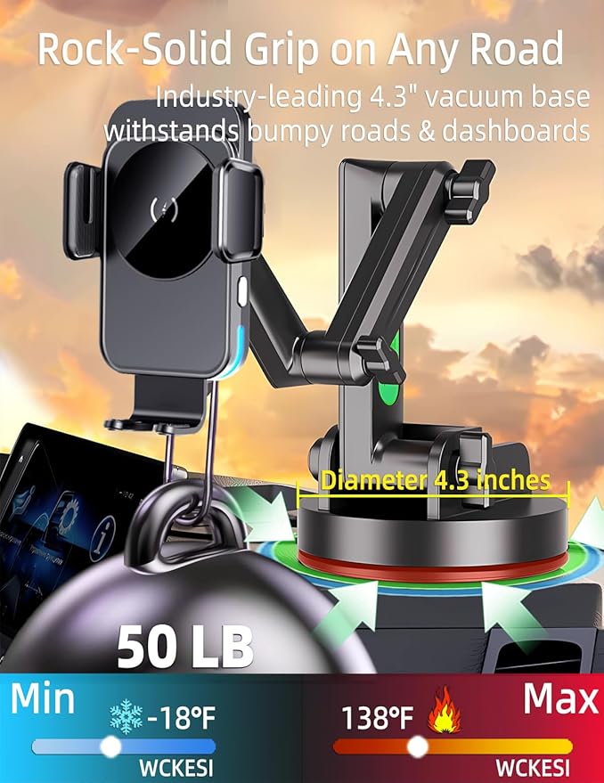 Wireless Car Charger Phone Holder Mount for Truck, 15W Fast Charging 【15 inch Long Arm】 Heavy Duty Phone Holders for Your Car Windshield Dashboard Accessories, for iPhone 17 16 15 14 13 12