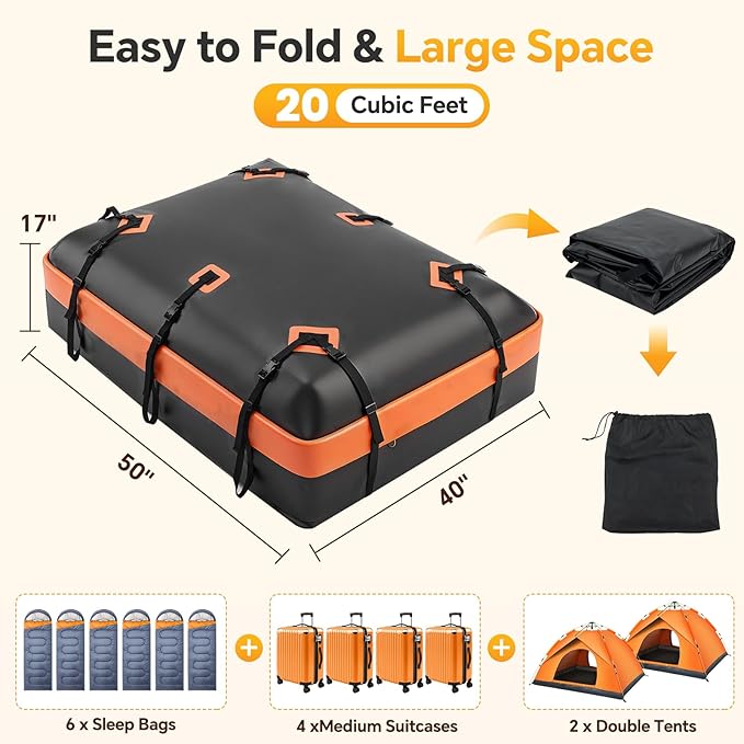 NEWBULIG Car Rooftop Cargo Carrier Bag, 20 Cubic Feet Duty Waterproof Bag for All Vehicles with/Without Racks. Includes Anti-Slip Mat, Reinforced Straps, 6 Door Hooks, Storage Bag & Luggage Lock.