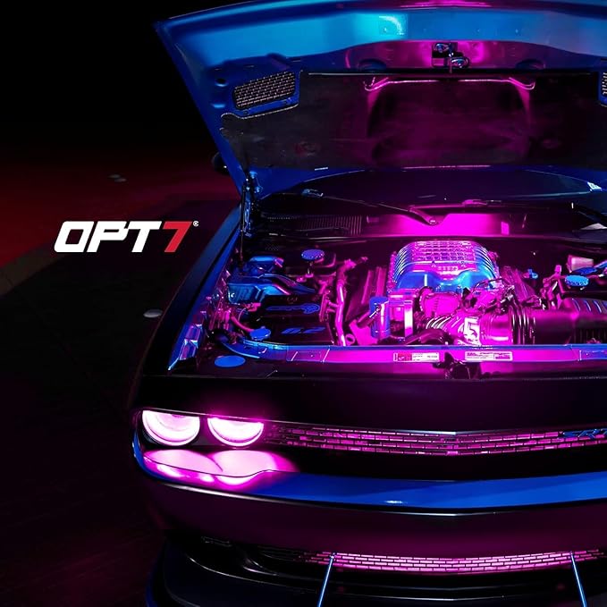 OPT7 Aura Pro Engine Bay Lights w/App & Remote Control, 4PCS 12” Waterproof Under Hood LED Light Strip, Exterior Car Neon Accent Lighting Kit, RGB Multicolor Music Sync Accessories for Cars Vans SUVs