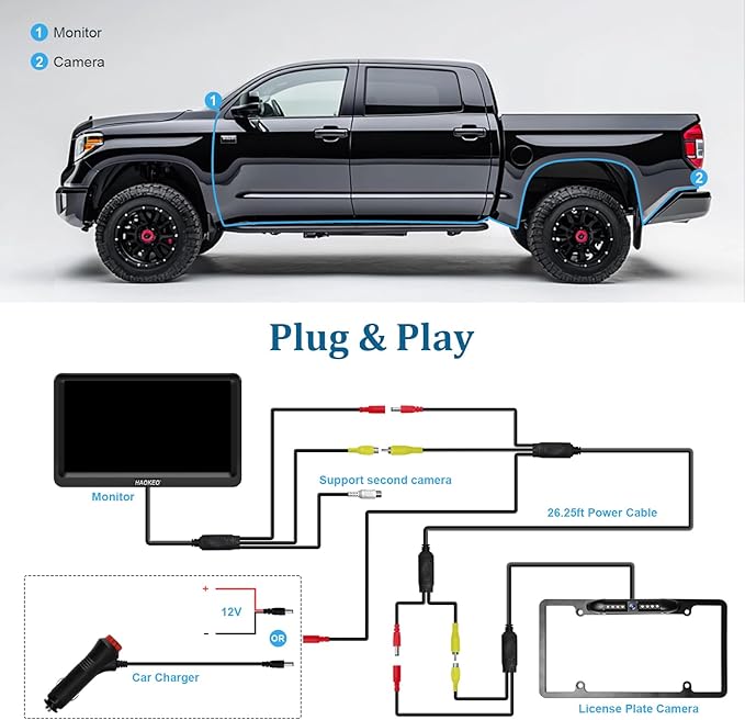 Backup Camera for Car 7 Inch HD 1080P Front Rear View Monitor kit License Plate Frame Camera with Night Vision, Waterproof DIY Grid Lines for Truck/RV/Tractor/Semi-Trailers/Pickup H9