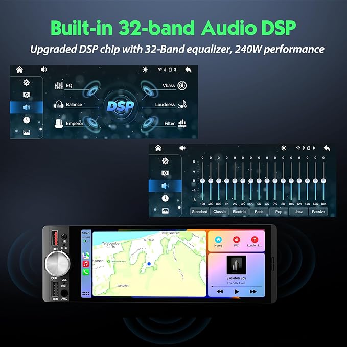 [in‑Cell Touchscreen] 6.36" Single Din Car Stereo with Wireless/Wired CarPlay & Android Auto, 240W DSP Powerful Sound with EQ, MirrorLink, Bluetooth Hands‑Free, 12‑LED Backup Camera, AM/FM Radio